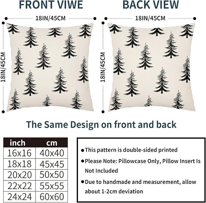 Christmas Pillow Covers 24X24 Inch Set of 2 Rustic Black White Xmas Tree Decorative Pillow Cases Winter Holiday Cotton Linen Cushion Case Farmhouse Home Decor for Sofa Couch Bedroom