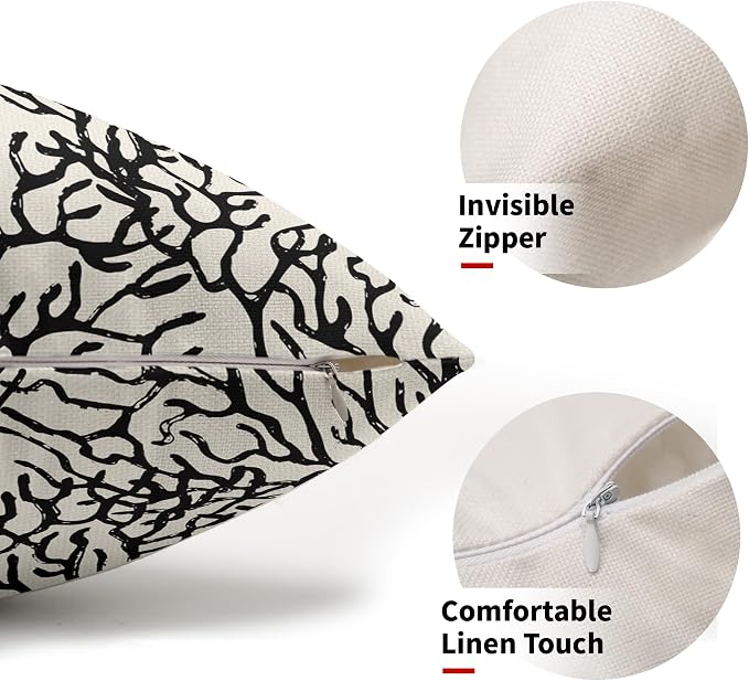 Nautical Coastal Coral Lumbar Pillow Covers 12x20 Inch Set of 2 Summer Ocean Beach Black White Decorative Pillow Cases Outdoor Linen Cushion Cover Farmhouse Decor for Bedroom Home Sofa Couch Bed