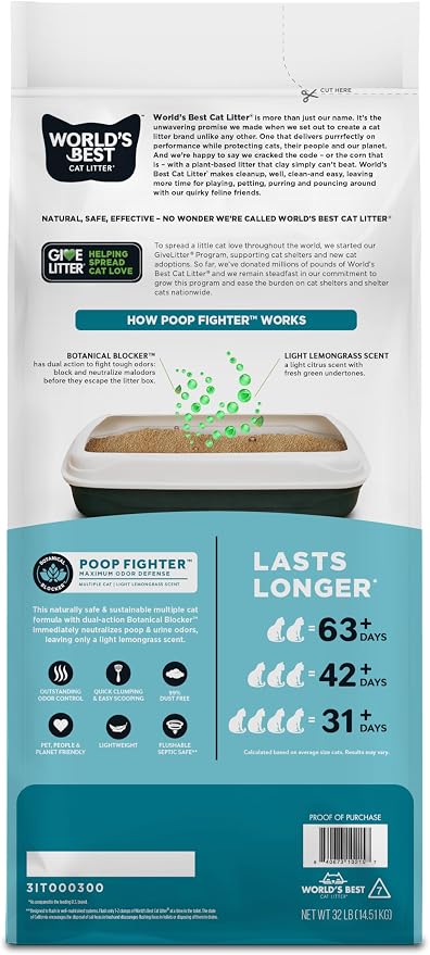 World's Best Cat Litter, Poop Fighter, Urine & Poop Odor Defense, 32 lb Bag | Neutralizes urine and poop odor with plant-based blockers; natural corn litter, quick clumping, flushable, 99% dust free