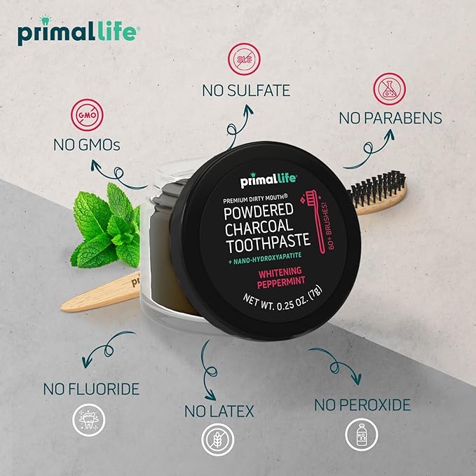 Primal Life Organics -Dirty Mouth Toothpowder, Activated Charcoal Tooth Cleaning Powder, Essential Oils, Hydroxyapatite, Kaolin, Bentonite Clay, 60+ Brushings, Organic, Vegan Black Peppermint 0.25oz