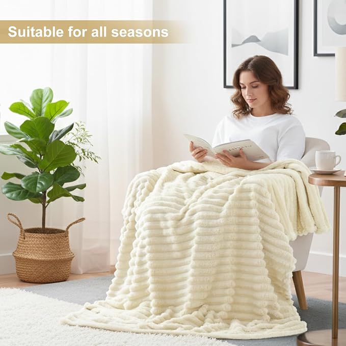 decorUhome Beige Fleece Twin Blanket 60x80 Inches | Soft Couch Cozy Fluffy Plush Flannel Striped Blanket for Sofa Bed, Lightweight Decorative Ribbed Fuzzy Blanket for Woman