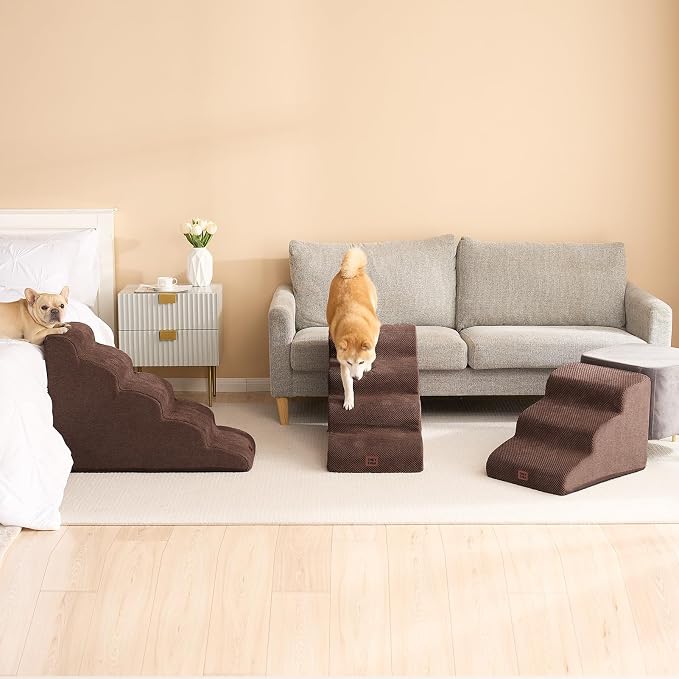 EHEYCIGA Curved Dog Stairs Ramp, 4-Step High Beds, 19.7" H Pet Step | 33D density of pure foam, for Small Dogs and Cats, Pet Stairs for High Bed Climbing, Non-Slip Balanced Indoor, Brown