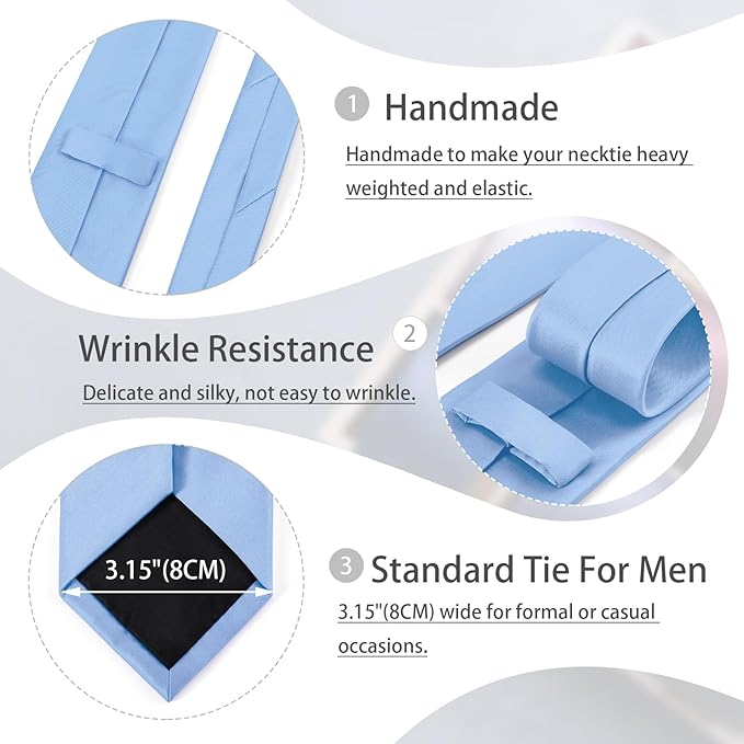 Black Tie Set in Gift Box Mens Solid Color 3.15" (8CM) Black Necktie and Pocket Square Set