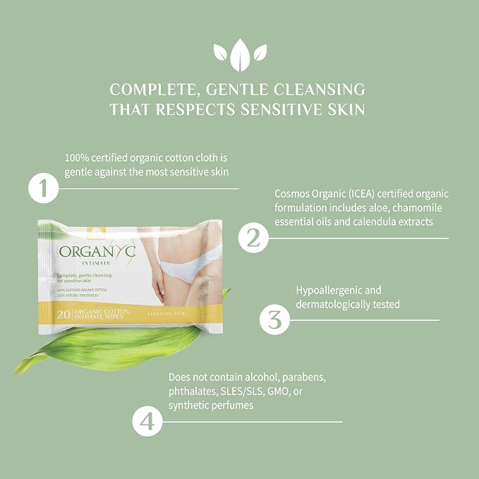 Organyc - Made with Organic Cotton Intimate Wet Wipes For Sensitive Skin, pH Balanced, No Parabens, Alcohol, or Chlorine, 20 Count (Pack of 1)