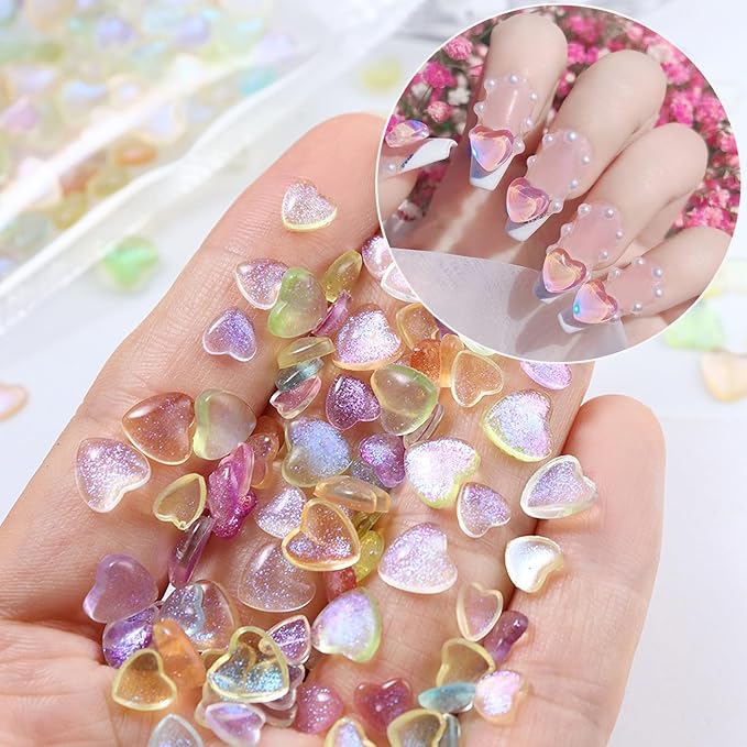 100PCS Mini Love Heart Nail Charms 3D Light Pink Heart Rhinestone Love Japanese Korean Super Sparkling Flat-Back Colorful Small Peach Hearts Resin Nail Accessories DIY Design for Acrylic Nails Decor
