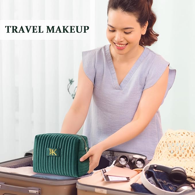 COSHAYSOO Travel Makeup Bag Quilted Make Up Pouch Initial Cosmetic Case with Butterfly Decorations for Women Compact Mirror Traveling Size Beauty Tools Accessories Organizer Green Velvet Letter J