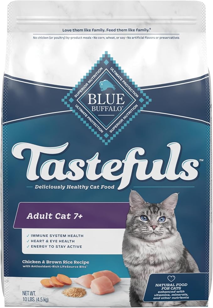 Blue Buffalo Tastefuls Chicken & Brown Rice Senior Dry Cat Food, 10 lb | Chicken & Brown Rice Recipe, For Cats 7 Years and Older, Antioxidant-Rich LifeSource Bits