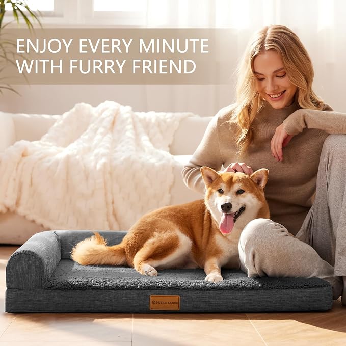 Patas Lague Orthopedic Large Dog Bed Washable Pet Sofa Bed 42X28 Dark Grey | 2-Sided Bolster Egg-Crate Foam Dog Couch Large Sized Dogs, Waterproof Removable Washable Cover, Nonskid Bottom Pet Crate Mat