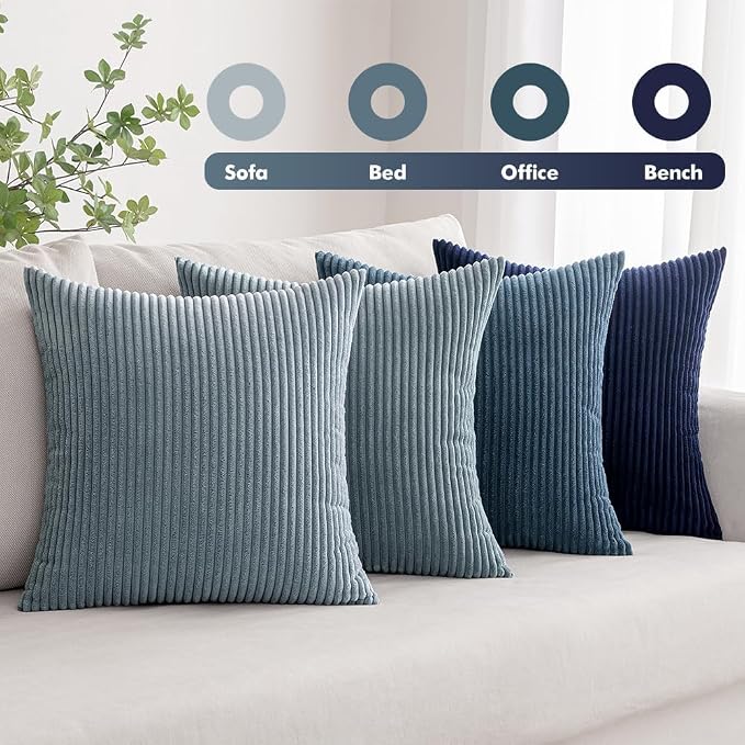 MIULEE Soft Corduroy Decorative Throw Pillow Covers Blue Navy Series 20x20 | Set of 4, Modern Nordic Coastal Decor, Classic Blue Palette, Boho Farmhouse Cushion Covers for Couch Bed Sofa Living Room