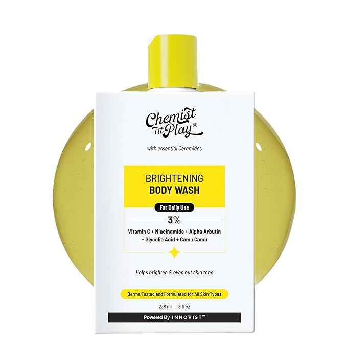 Chemist at Play Brightening Body Wash|Glowing Skin Vitamin C Bodywash | Helps to Reduce Fades Dark Spots, Evens out Skin Tone | Alpha Arbutin| 30X Vitamin C with Camu Camu |For Women & Men | 8 Fl oz