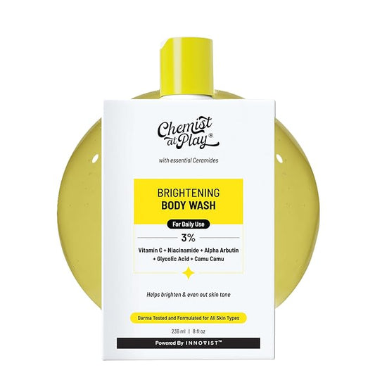 Chemist at Play Brightening Body Wash|Glowing Skin Vitamin C Bodywash | Helps to Reduce Fades Dark Spots, Evens out Skin Tone | Alpha Arbutin| 30X Vitamin C with Camu Camu |For Women & Men | 8 Fl oz