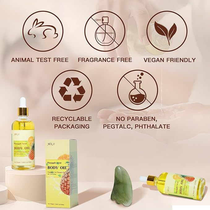 MR.A 2 Pack Pineapple Juice Scented Body Oil, Vitamin E Hydrating Body Oil, Pineapple GUASHA Oil after Shower for Dry Skin, Massage Oil with Guasha Tool