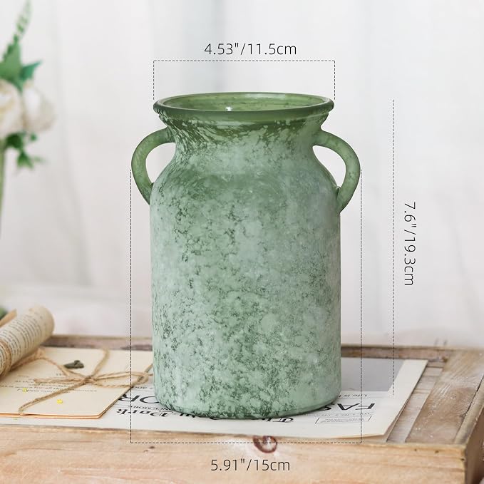 SHMILMH Glass Flower Vase with Handle – 8 Inches Rustic Imitation Ceramic Vase for Flowers, Vintage White Green Centerpiece Decor for Farmhouse, Modern Home, Table & Holiday Decorations