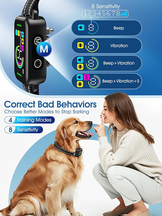 DINJOO Bark Collar for Large Medium Small Dogs - Smart AI 1S Stop Barking, Anti Barking Device & Dog Training Collar with Beep, Vibration & 8-Level Sensitivity, IP67 Waterproof - Pitch Black