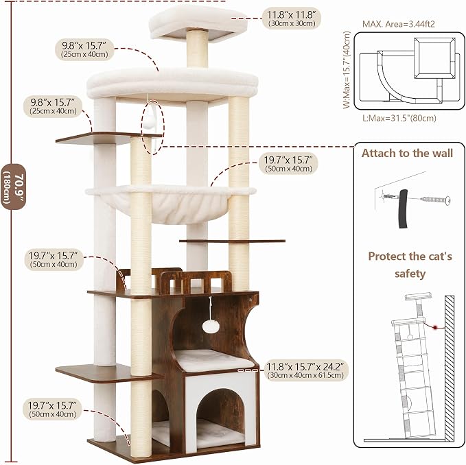 Modern Cat Tree Tower, 2-Layer Condo & Perch, Big Hammock 102SR | 70.9''Wood Cat Tower House Large Platform with Safe Guardrail for Indoor Cats Adult, All Sisal Scratching Post, Rustic Brown