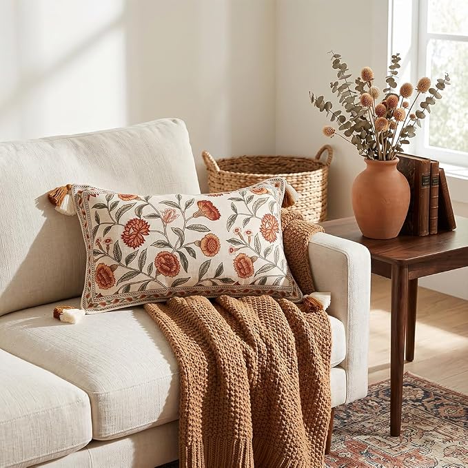French Linen Rectangle Throw Pillow Cover,Set of 2,20"x12"-Albano A | Designer Vintage Pillow Cover,Concealed Zipper Design,Orange Floral Pattern,Sofa,Bedroom,Living Room,Lounge Chairs