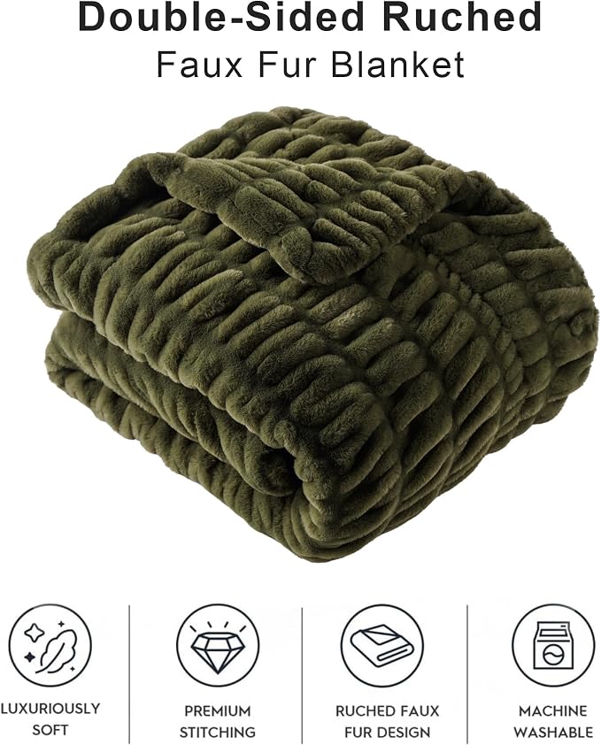 BATTILO Super Soft Faux Fur Throw Blanket for Couch, 60"x80", Double Side | Olive Green Throw Blanket, Minky Couture Blanket, Cozy Warm Fluffy Faux Fur Blanket For Bed, Sofa Living Room