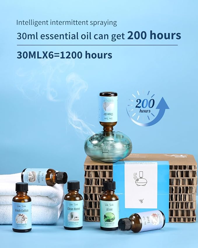 Waterless Essential Oil Diffuser Starter Kit with Clean Scent Fragrance Oils 6 x 30ml, Rechargeable Cordless Aromatherapy Diffuser for Home, Fresh Smelling Air Freshener Gift Set