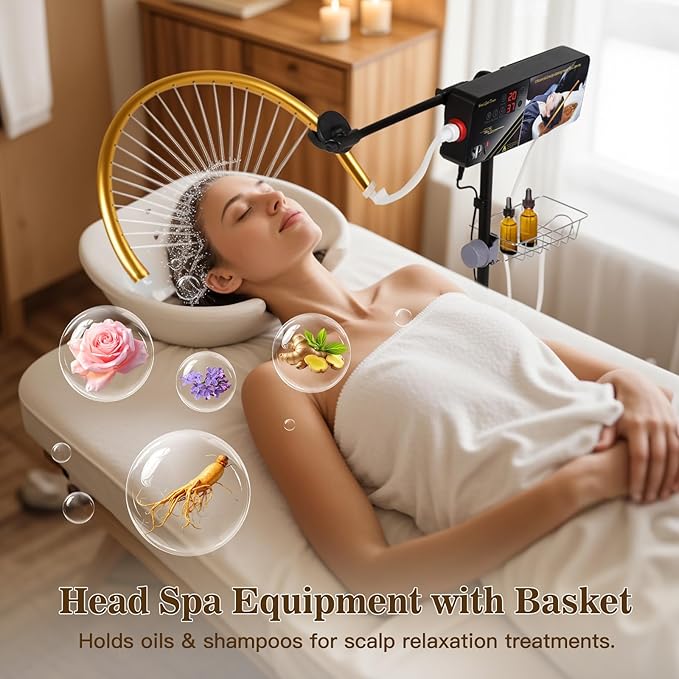 Freestanding Head Spa Equipment Fits Shampoo Bowls Under 35" H, Height & Angle Adjustable Water Circulation Frame, Japanese Waterfall Head Spa Scalp Massage for Salon & Home Use