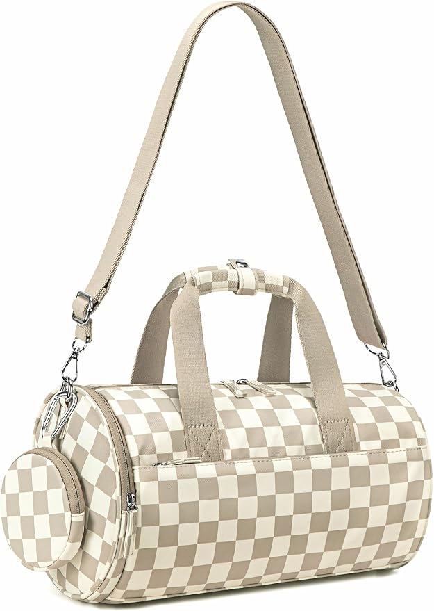 Mini Gym Bag for Women Girls Cute Small Duffle Bag 12'' with Multifunctional Pockets Workout Sport Bags Dance,Fitness,Yoga (Brown-white checkered)