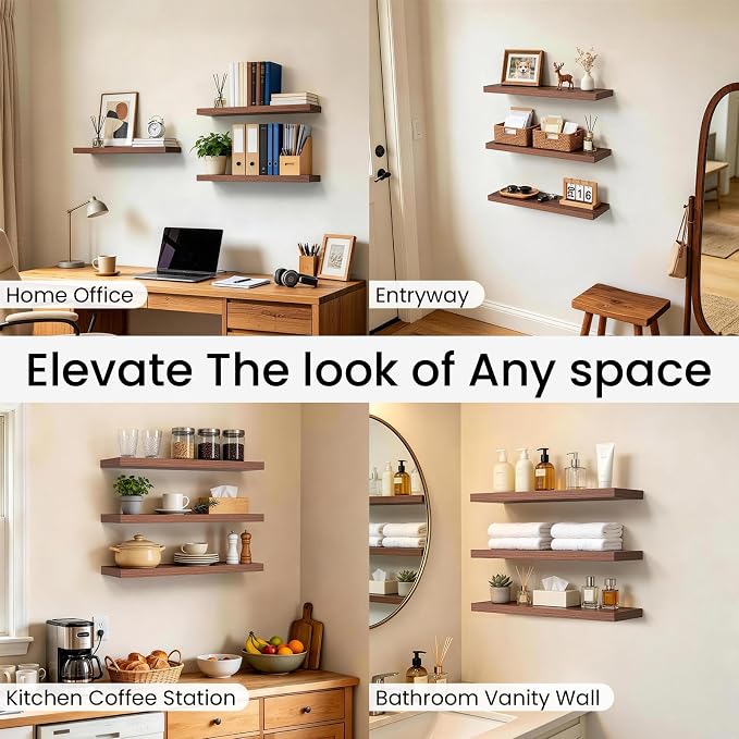 BAYKA Walnut-Like Floating Shelves 22.5in, 2 Pack, Wall Mounted Wall Decor | Easy Install, 22lbs Max Load, Hidden Bracket, Shelf for Bathroom Bedroom Kitchen Books Display Storage, Multi-Wall Compatible