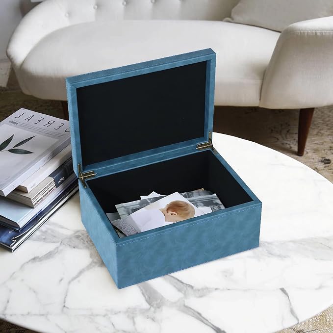 HofferRuffer Faux Leather Decorative Box, Large Wooden Structure Keepsake Box Accessory Organizer Jewelry Organizer with Hinged Lid, Storage Container for Home or Office (Blue)