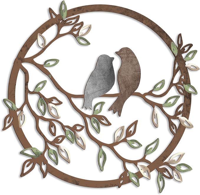Ferraycle Metal Wall Art Bird on Tree Branch Silhouette Bird Hanging Ornament Porch Wall Decor for Living Room Outdoor Garden Bedroom Office Housewarming Party Decoration(Dark Color)