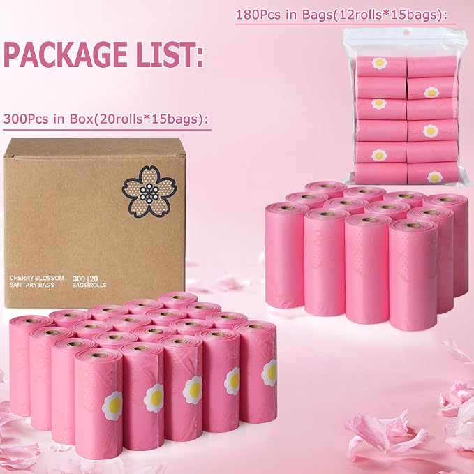 300PCS Cherry Blossom Scented Sanitary Napkin Disposal Bags, Pink Disposable Sanitary Bag Personal Care Disposal for Tampons Trash Bag, Disposable Mini Bags for Women Privacy Handling Bag Diaper Sack