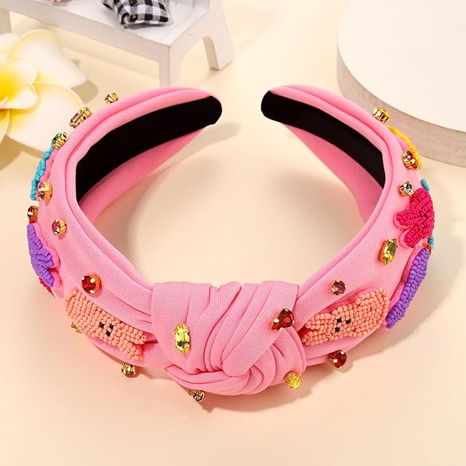 mokkia Easter Headbands Beaded Rabbit Bunny Headband for Women Pink Spring Knotted Headband Easter Hair Accessories Gifts