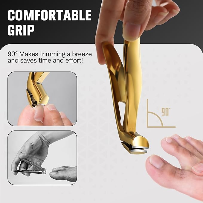 FERYES Angled Head Long Handled Toenail Clipper for Seniors - Large Wide Jaw Nail Clipper with Catcher for Thick Nails - Easier Trimming, Ergonomic Design (Gold