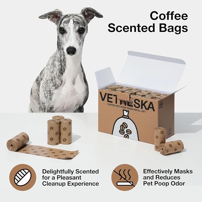 VETRESKA Dog Poop Bags, 540 Count Coffee Scented Waste Bags | Leak Proof, Extra Thick, 9" x 13" Large Dog Pet Bags for Dogs and Cats - (36 Rolls)