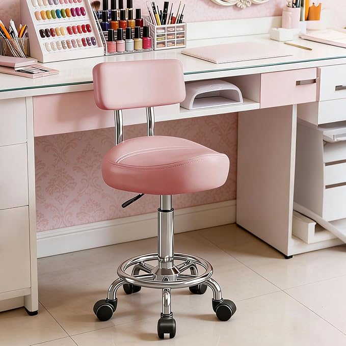 Saddle Stool with Back and Ring Pedal, Adjustable Hydraulic Rolling Chair with Wheels for Salon, Spa, Medical, Massage & Drafting Use Pink