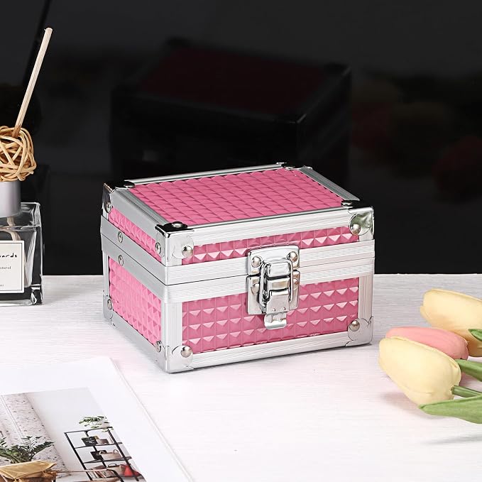Hipiwe 2-Layer Decorative Jewelry Box Pink Hair Accessories Stotage Case | Metal Jewelry Trinket Organizer Box with Mirror and Drawer for Earrings Rings Necklace, 4.7" x 3.7" x 3.1"