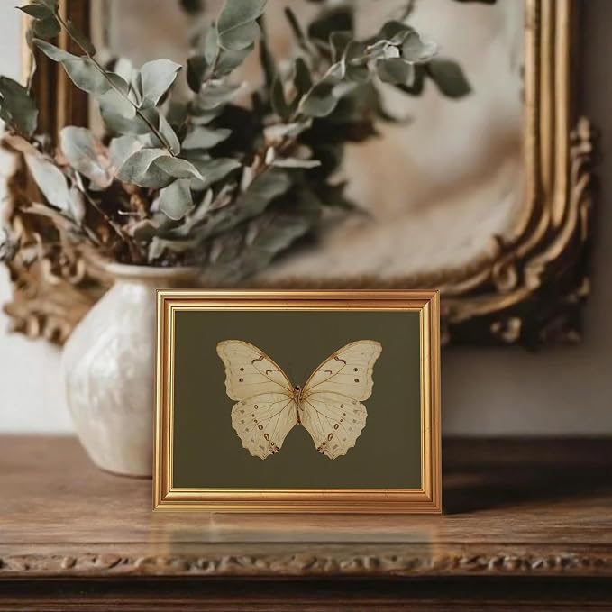 JLTULT Gold Framed Butterfly Wall Art, Dark Green Canvas, 8 x 10 Inches | Ivory butterfly art on fade-resistant dark green canvas with a ready-to-hang gold-tone PS frame for bedrooms and offices