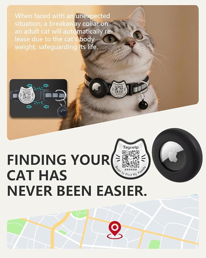 Cat Collar with AirTag Holder, QR Code Tag and Bell (Pink)