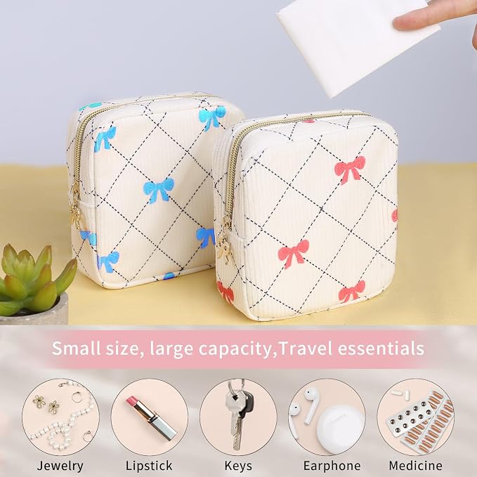 Period Bag for Women - Cute Corduroy Sanitary Napkin Storage Bag with Bow Design | Period Pouch for Daily Use, Travel | Discreet Menstrual Pouch | Pad Bags for Period Holds Pads, Tampons