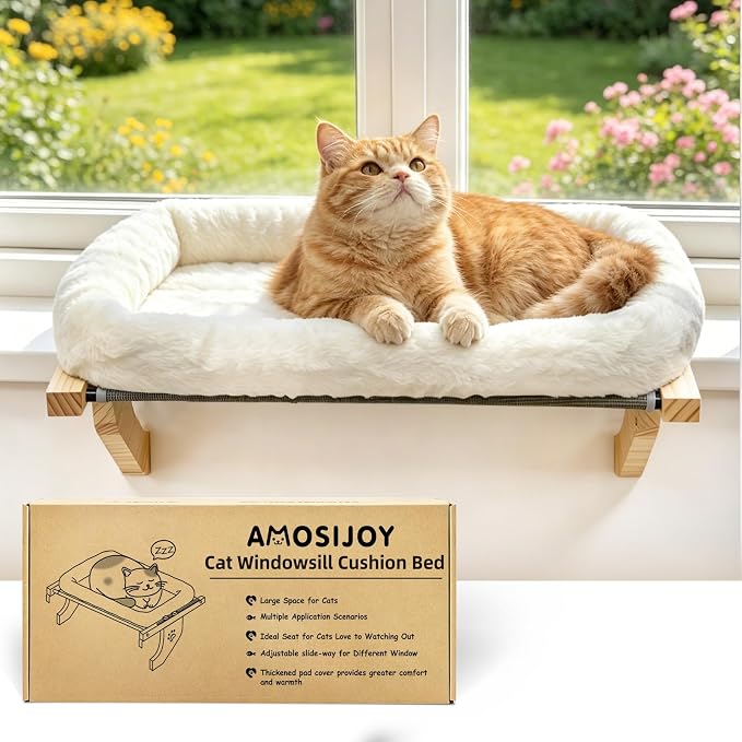 AMOSIJOY Wooden Cat Windowsill Perch with Zipper Cushion Bed, 22in | Sturdy Wood & Metal Frame Hold up to 40lbs, Machine Washable, Easy to Adjust, Hook-on Mounting Cat Hammock Seat for Large Cat