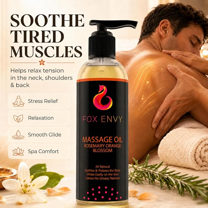 Massage Oil for Couples, Women & Men (1 Bottle, 8 fl oz) - Fox Envy Orange Blossom with Rosemary Scented Sensual Oil with Coconut Oil & Jojoba Oil - Enhances Stimulation for The Body & Muscles