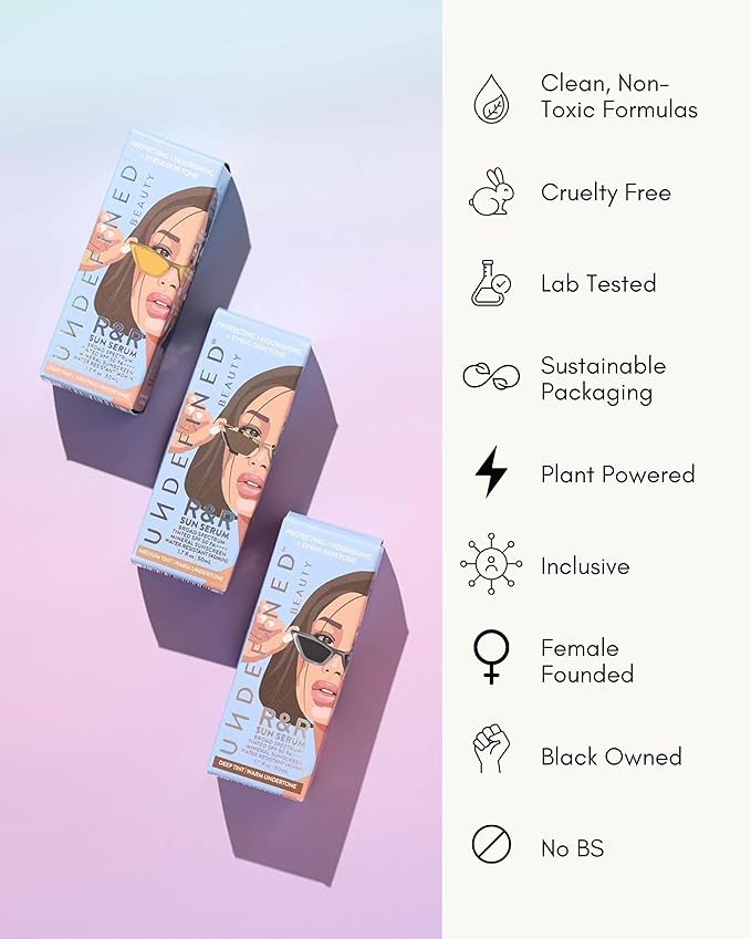 Undefined Beauty R&R Sun Serum SPF 50 PA++++ Tinted Mineral Sunscreen with Niacinamide, Water Resistant Broad Spectrum Protection & Blue Light Defense (Deep Tint)