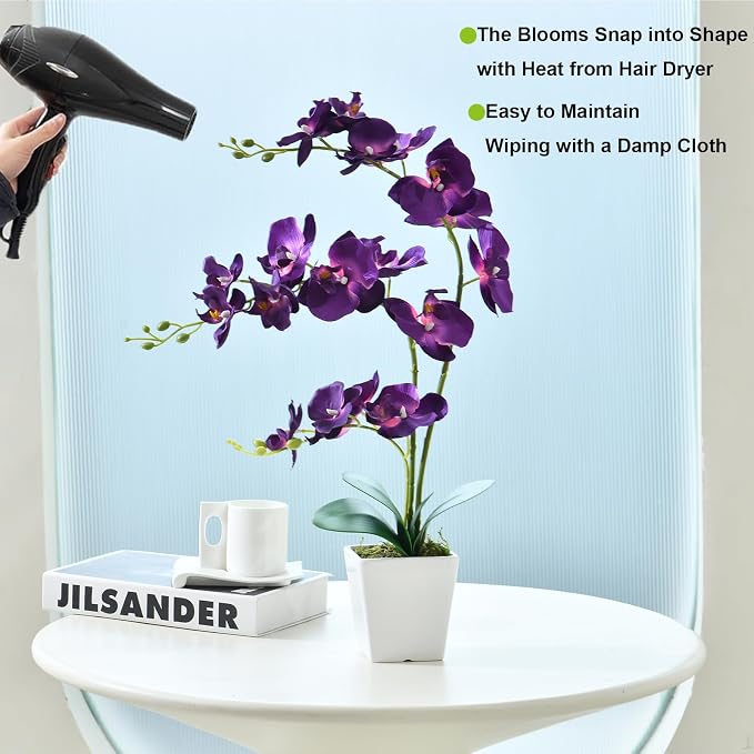 22" Dark Purple Faux Orchid in Ceramic Vase for Table Décor | Real Look Potted Phalaenopsis, Ideal Centerpiece for Home, Office, or Indoor Display, Lifelike Silk Flowers, No Maintenance