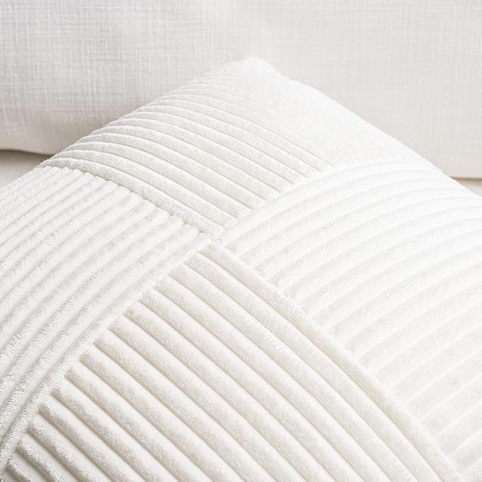 Fancy Homi Set of 1 Cream White Boho Long Lumbar Body Decorative Throw Pillow Cover 21x54 Inch for Bed Couch Bedroom Bench, Soft Patchwork Corduroy Textured Pillow Case, Rustic Farmhouse Room Decor