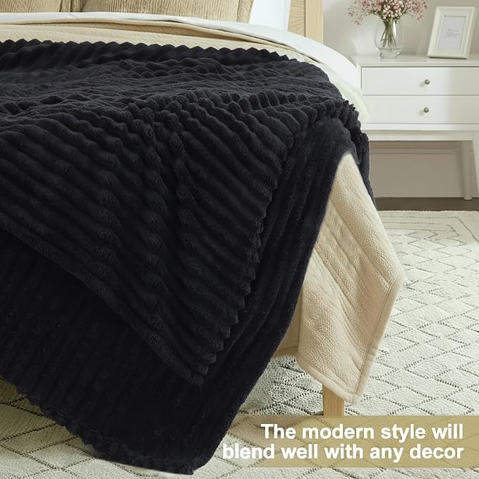 decorUhome Black Fleece King Blanket 108x90 Inches | Soft Fleece Bed Cozy Fluffy Plush Flannel Large Striped Throws for Couch Sofa, Decorative Fuzzy Blanket for Woman