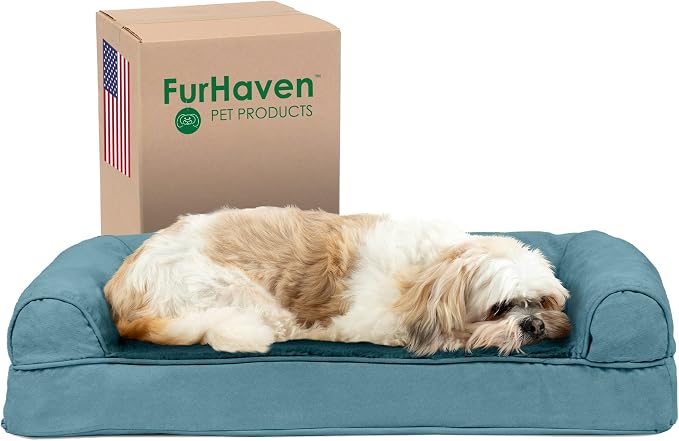 Furhaven Cooling Gel Dog Bed for Medium/Small Dogs w/ Removable Bolsters & Washable Cover, For Dogs Up to 35 lbs - Plush & Suede Sofa - Deep Pool, Medium