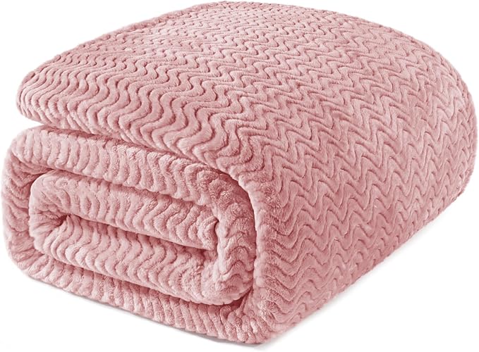 Exclusivo Mezcla Soft Fleece Blanket Twin Size for Bed, Sofa, Pink | 90"x66" Breathable Lightweight Flannel Blanket for Summer, Plush Cozy Jacquard Wave for Home Decor