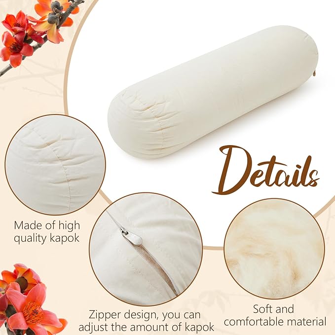 Leinuosen Organic Kapok Orthopedic Roll Pillow 12"x4" – Neck, Back, Knee & Leg Support Bolster – Cervical & Lumbar Roll for Pain Relief, Spinal Alignment – Natural Filling, Adjustable for Bed & Travel