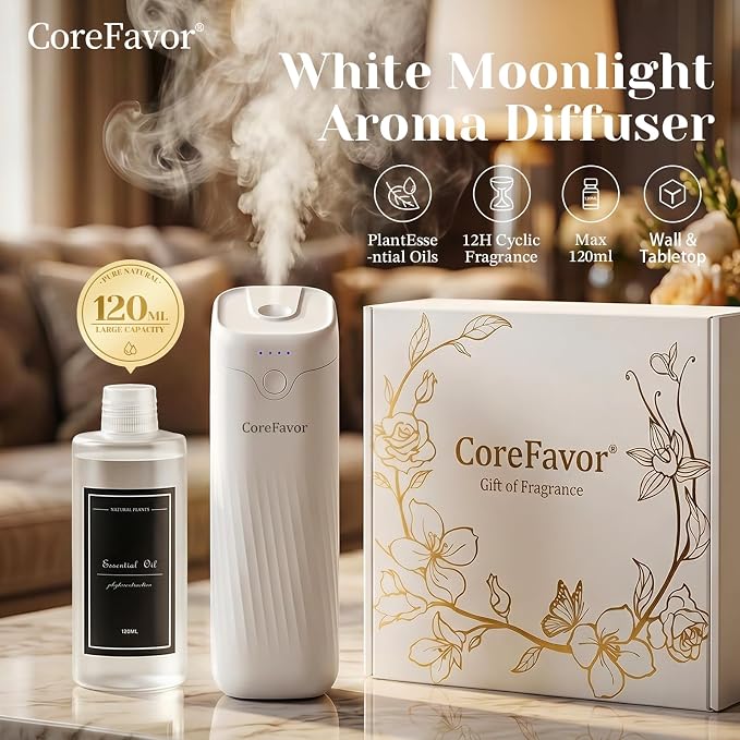 Waterless Essential Oil Diffuser (M60) with 2x120ml Oil, Portable Battery-Operated Cold Air Aroma Scent Machine, 4 Adjustable Intensity Levels, Quiet Diffuser for Bedroom Office Bathroom Car