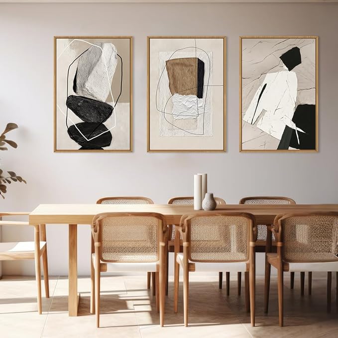 ANHUIB Large Neutral Abstract Wall Art Canvas,Black Beige Artwork, Modern Framed Art Wall Decor, Minimalist Geometric Painting,24x36 Inches Print Set of 3 for Living Room Bedroom