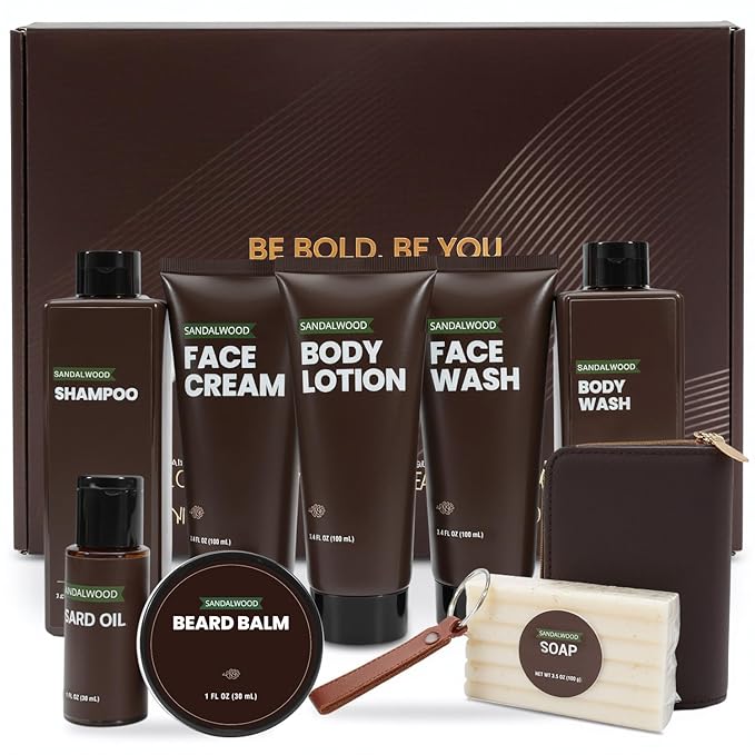 Rinse & Robust Gifts for Men 10Pcs Gift baskets for Men, Sandalwood Bath and Body Works Men Gifts for Birthday for Dad Boyfriend Husband Fathers Day Gifts Set