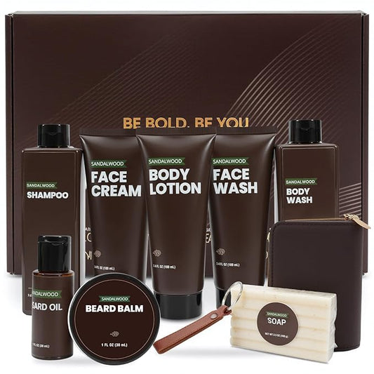 Rinse & Robust Gifts for Men 10Pcs Gift baskets for Men, Sandalwood Bath and Body Works Men Gifts for Birthday for Dad Boyfriend Husband Fathers Day Gifts Set