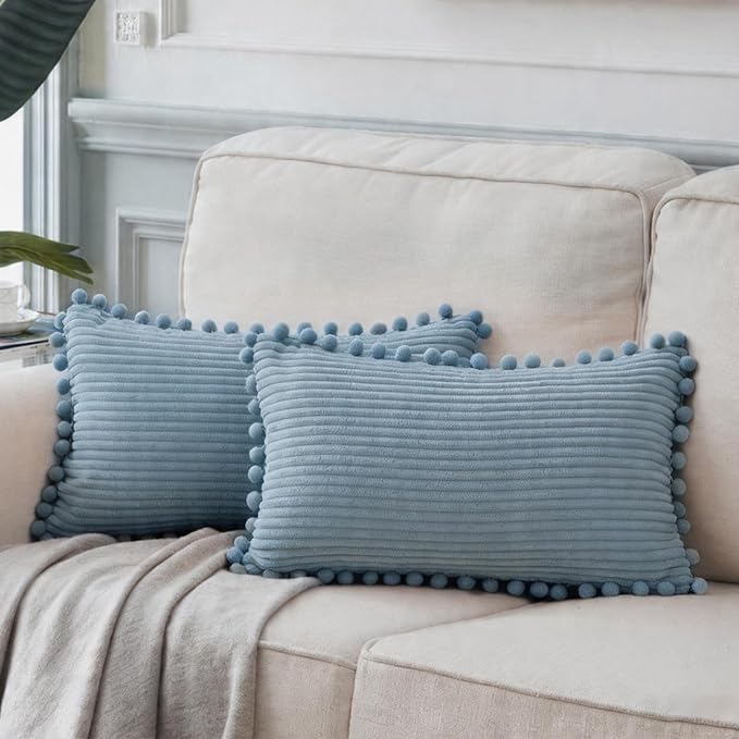 Fancy Homi Set of 2 Light Blue Lumbar Decorative Throw Pillow Covers 12x24 Inch with Pom-poms for Couch Bedroom Sofa, Farmhouse Boho Home Decor, Soft Corduroy Solid Baby Blue Cushion Case 30x60 cm